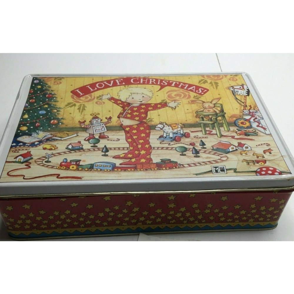 Vintage 90s I Love Christmas Tin Container Toy Train Tree Boy Rectangle